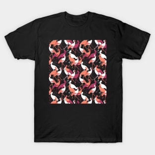 Red amd White Stork Birds on Black Background Color Pattern T-Shirt